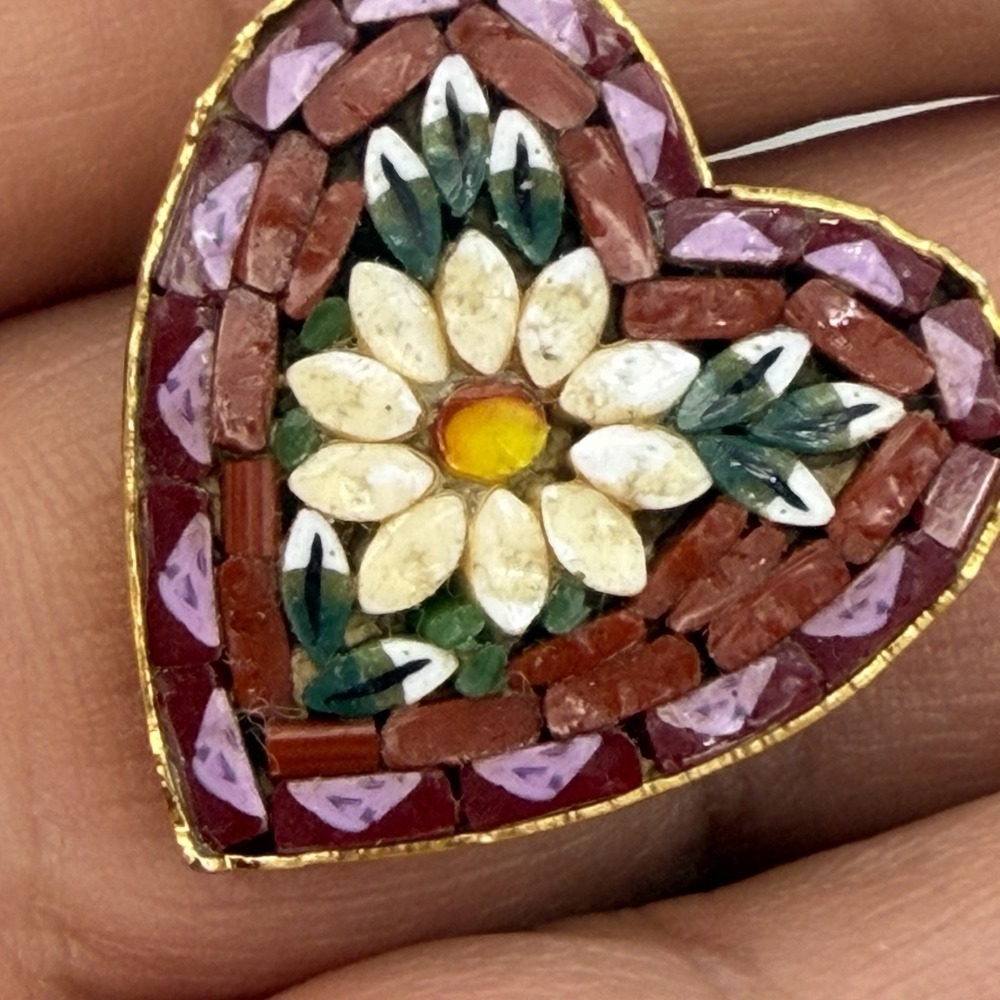 Vtg Micro Mosaic Heart Brooch Italy Signed Floral Rose Boquete Daisy Pin